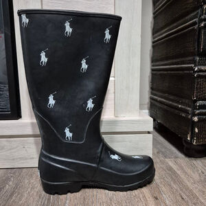 Polo Black Rain Boots with White Logos kids sz 2